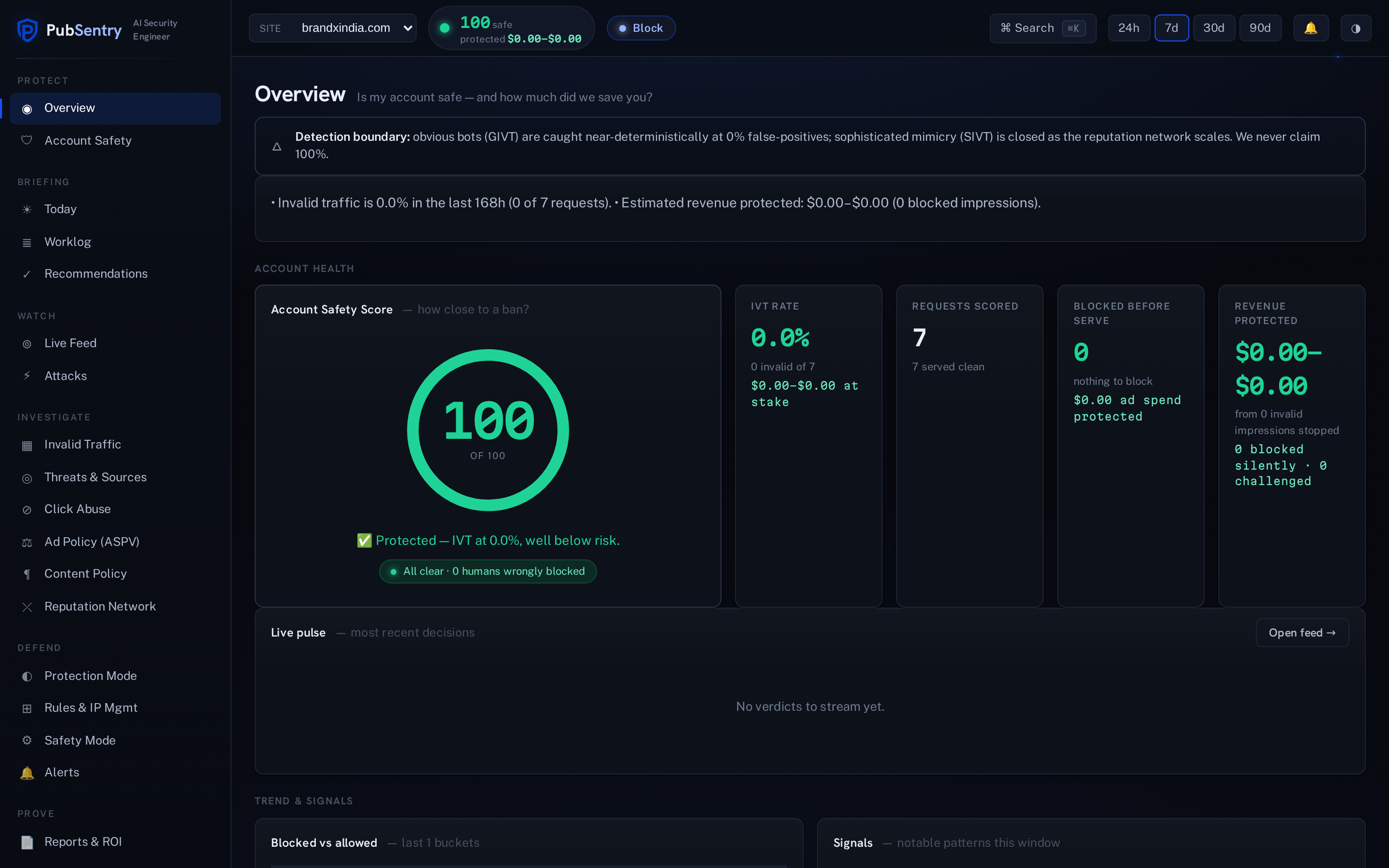The PubSentry dashboard confirming a live tag with the verdict feed flowing